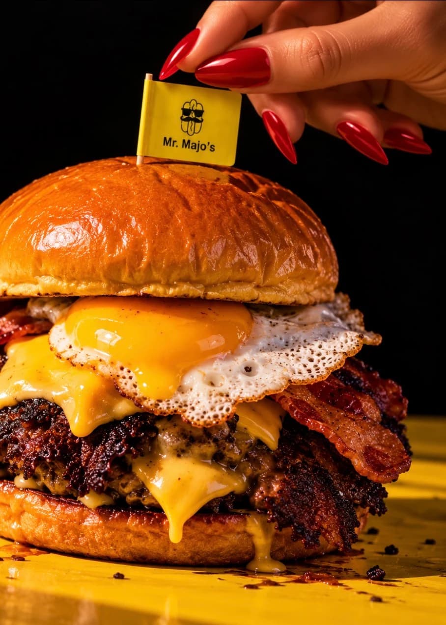Burger de Mr. Majo's con huevo y bacon y su banderita