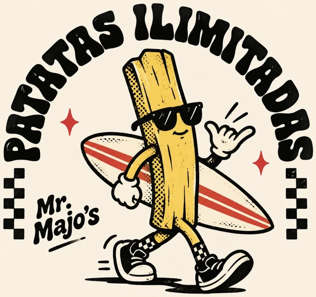 Mascota de Mr. Majo's: patata surfera con el lema Patatas Ilimitadas
